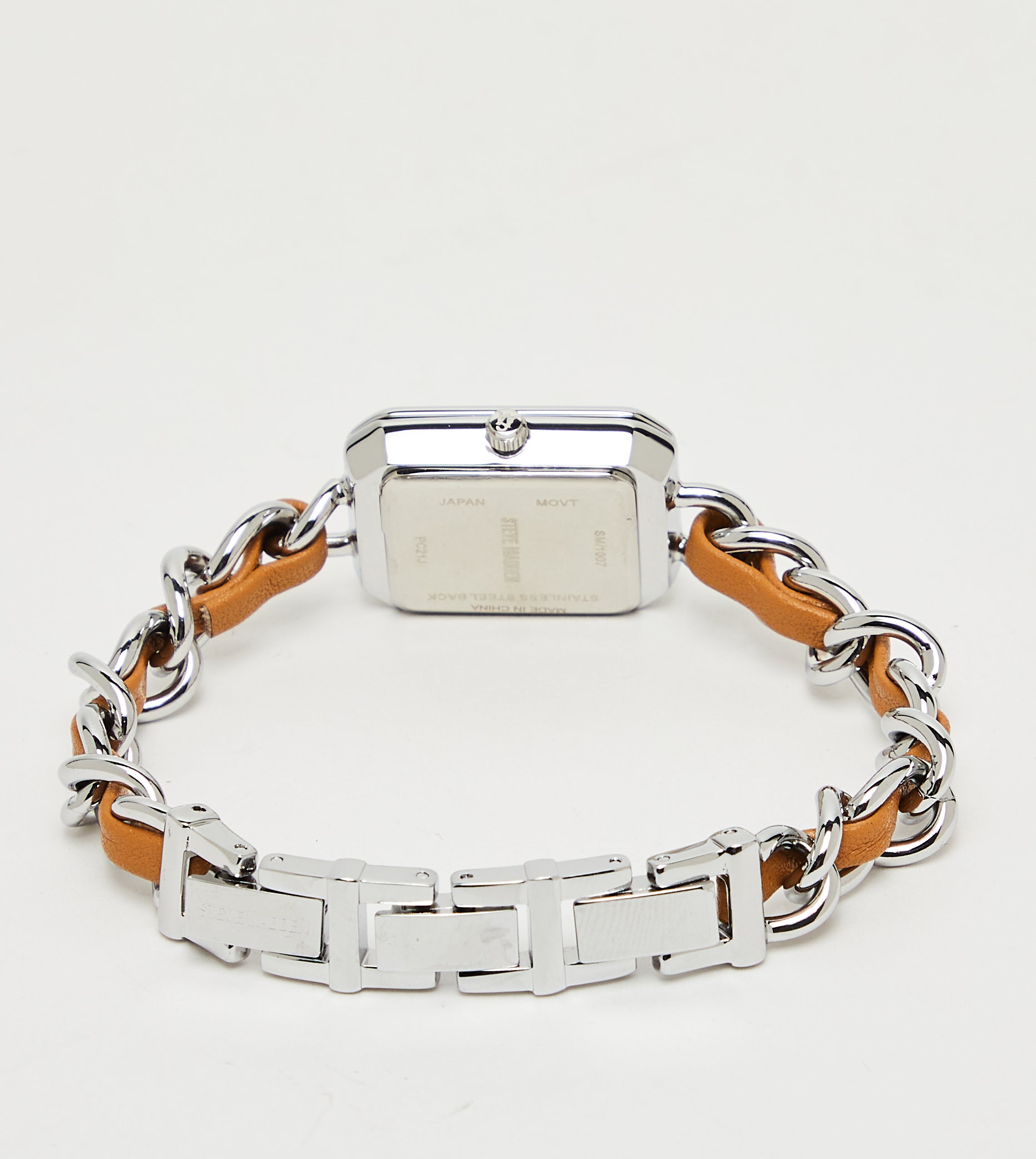 Steve Madden women's silver-tone watch and bracelet set, close-up view