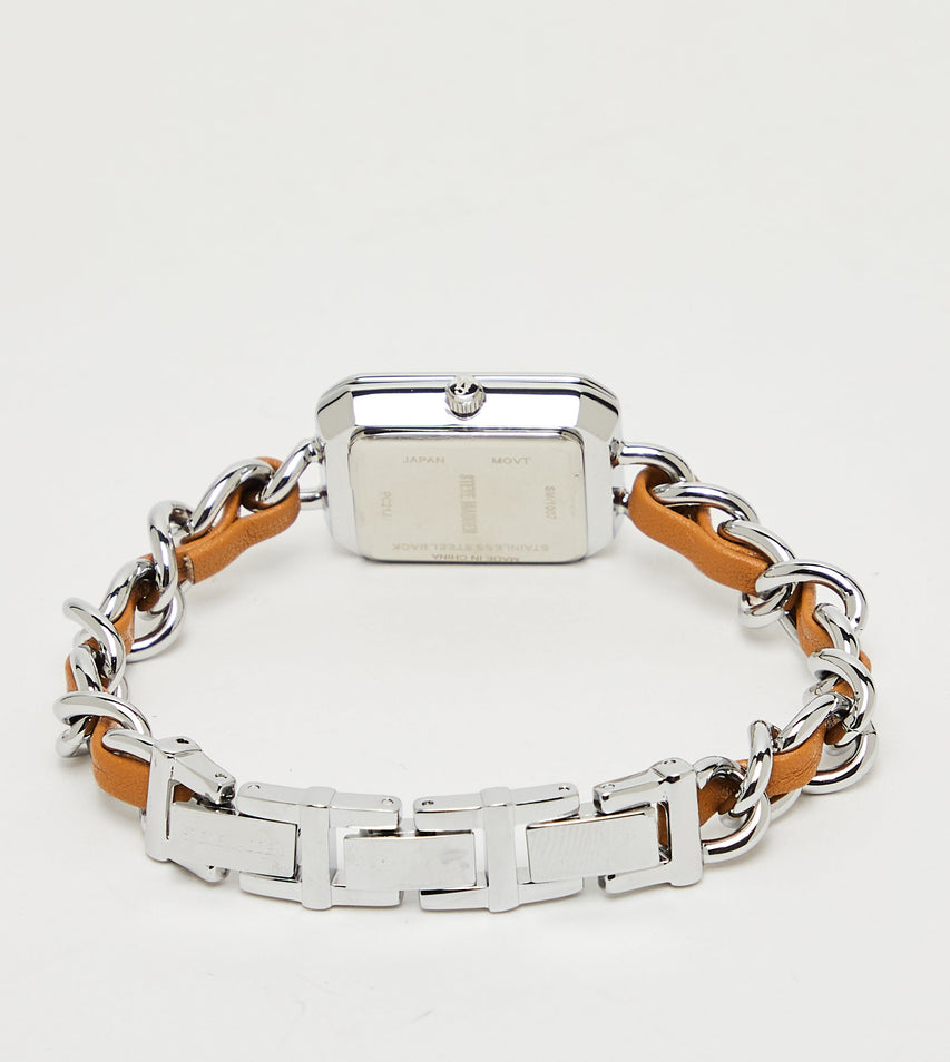 Steve Madden women's silver-tone watch and bracelet set, close-up view