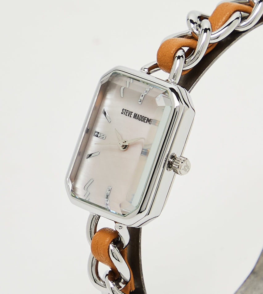 Steve Madden women's silver-tone watch and bracelet set, side view