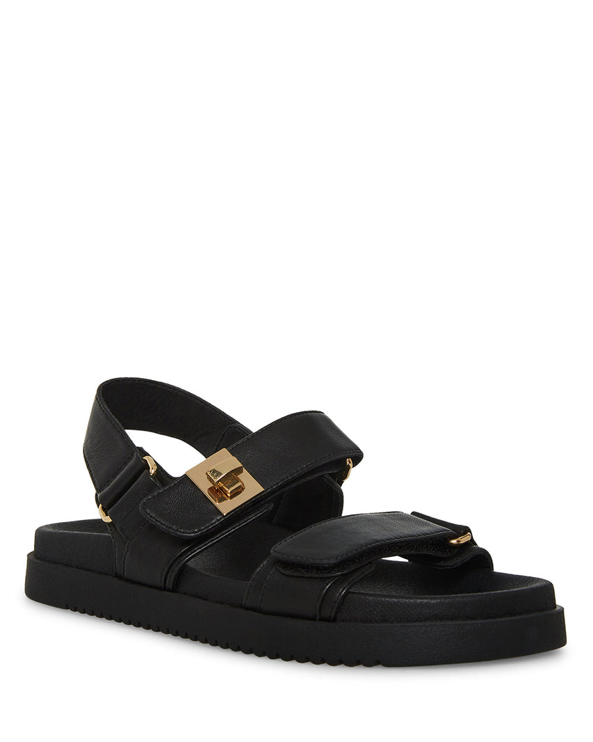 Steve Madden Mona black leather three-strap sandal, side profile - view 2