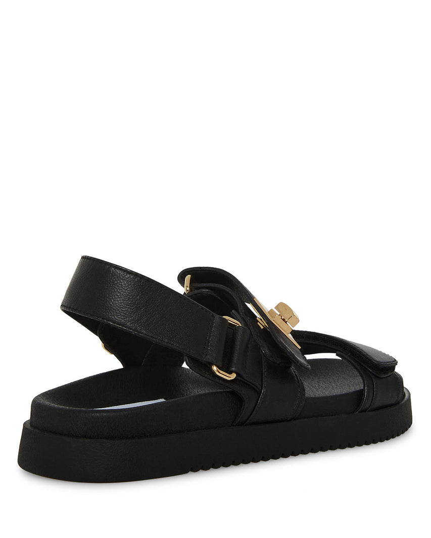 Steve Madden Mona black leather sandal with gold hardware detail - view 3