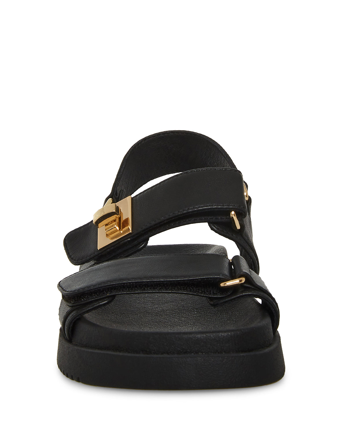 Steve Madden Mona black leather flatform sandal, angled view