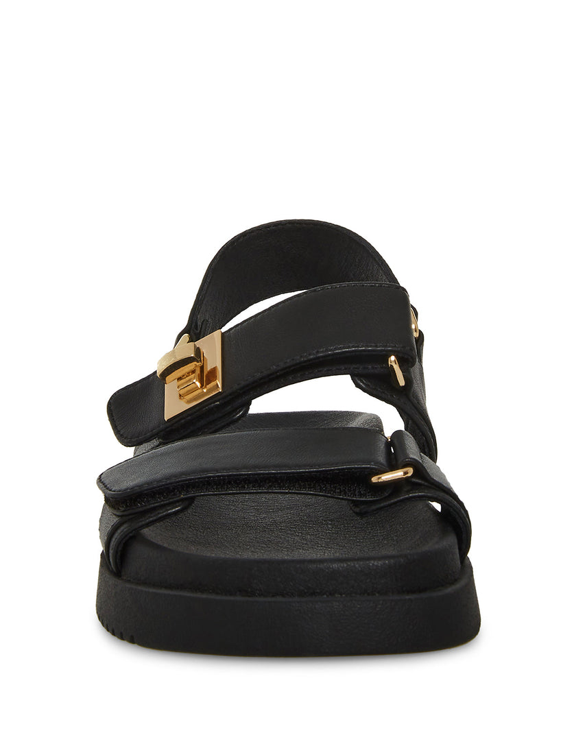 Steve Madden Mona black leather flatform sandal, angled view
