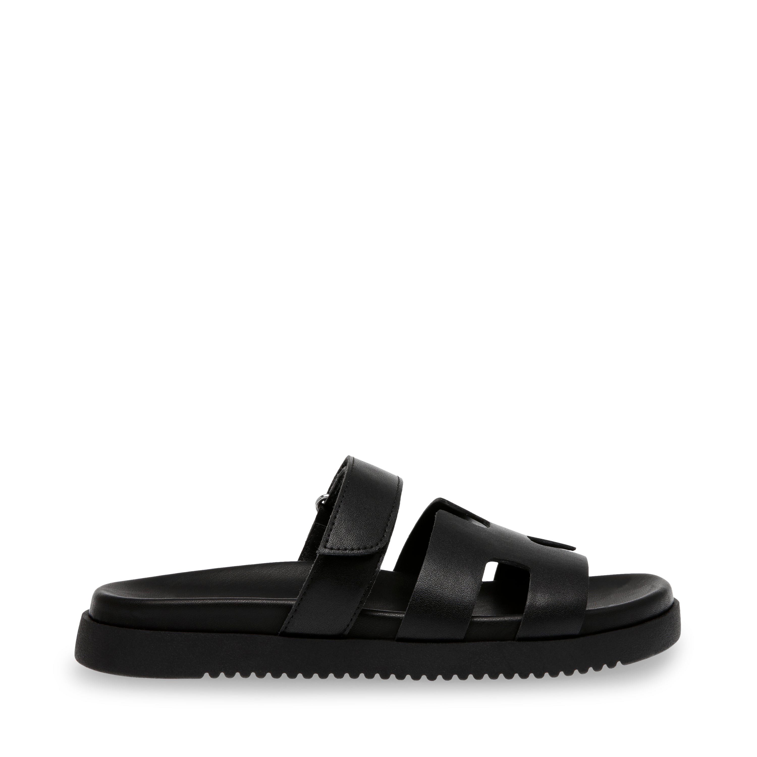 Steve Madden Mayven black leather women's flat sandal, side profile - view 2