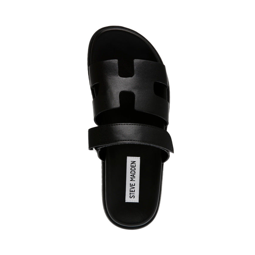 Steve Madden Mayven black leather flatform sandal, angled view