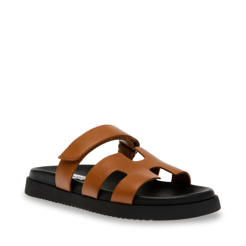 Steve Madden Mayven camel leather women's flat sandal, side profile