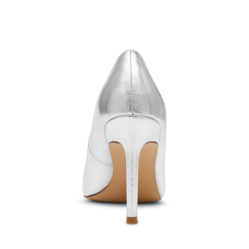 Steve Madden Secured women's silver pumps, angled view