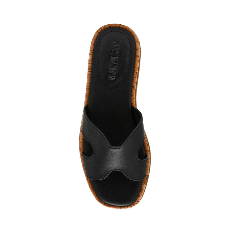 Steve Madden Benchmark women's black leather flat sandals, front view