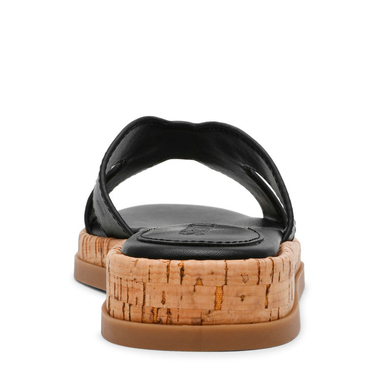 Steve Madden Benchmark women's black leather flat sandals, back view