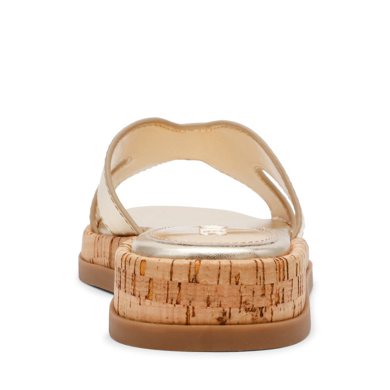 Steve Madden Benchmark women's gold leather flat sandals, back view