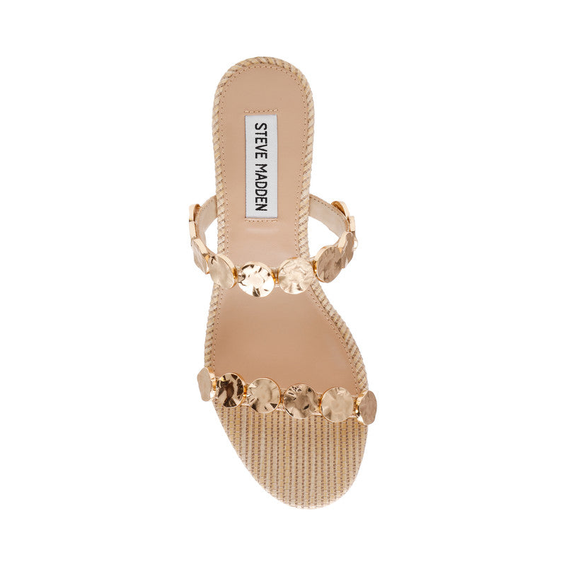 Steve Madden Annika beige raffia-effect vegan leather women's mid-heel sandal, angled view