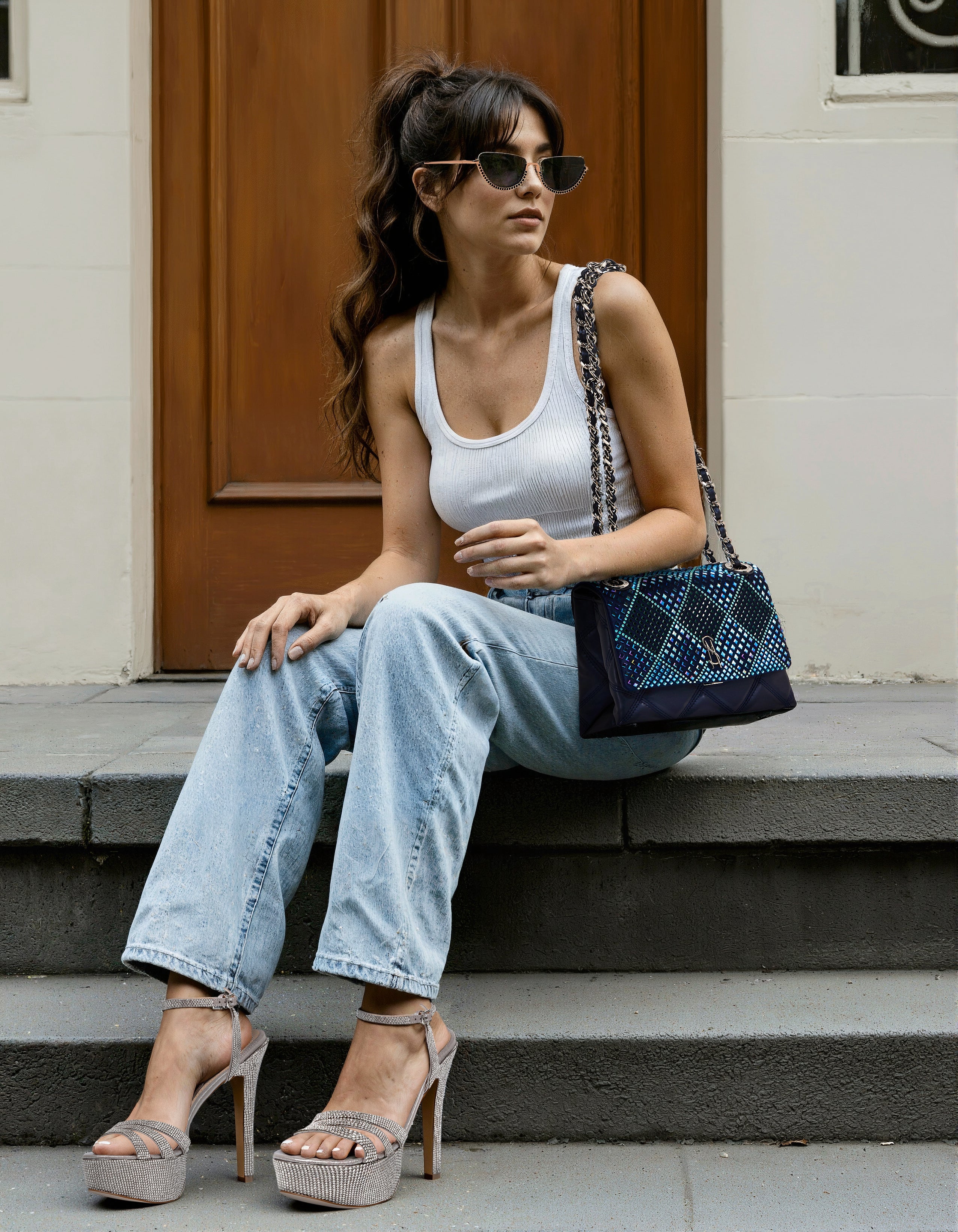 Steve Madden Badelaid blue clutch, lifestyle view