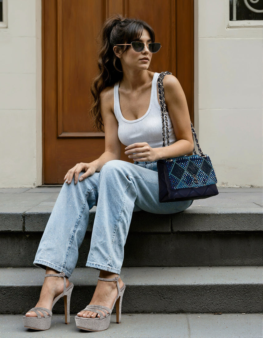 Steve Madden Badelaid blue clutch, lifestyle view