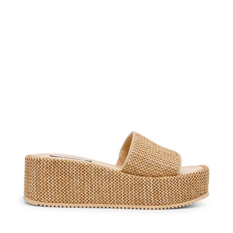 Steve Madden Decor women's light brown raffia wedge sandals, back view