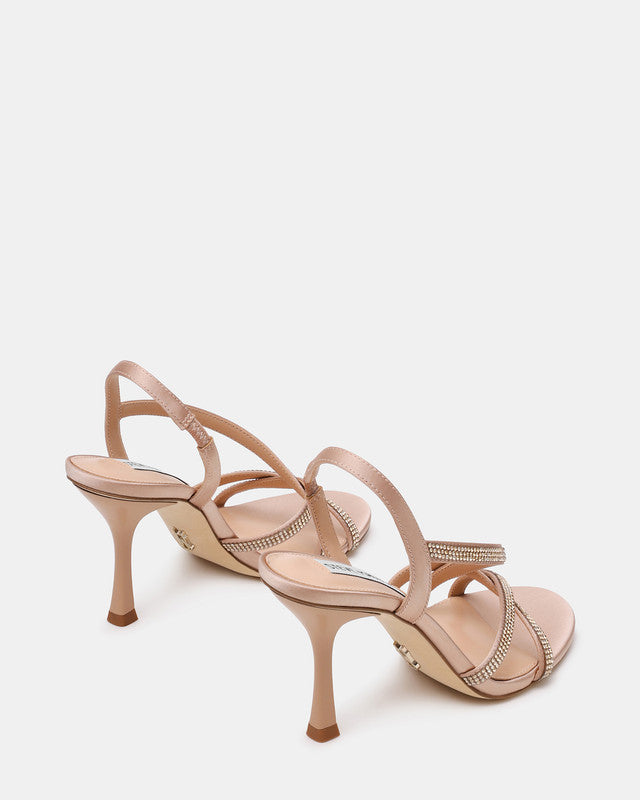 Steve Madden Nexus Women's Champagne Satin Heeled Sandals - pair three-quarter view