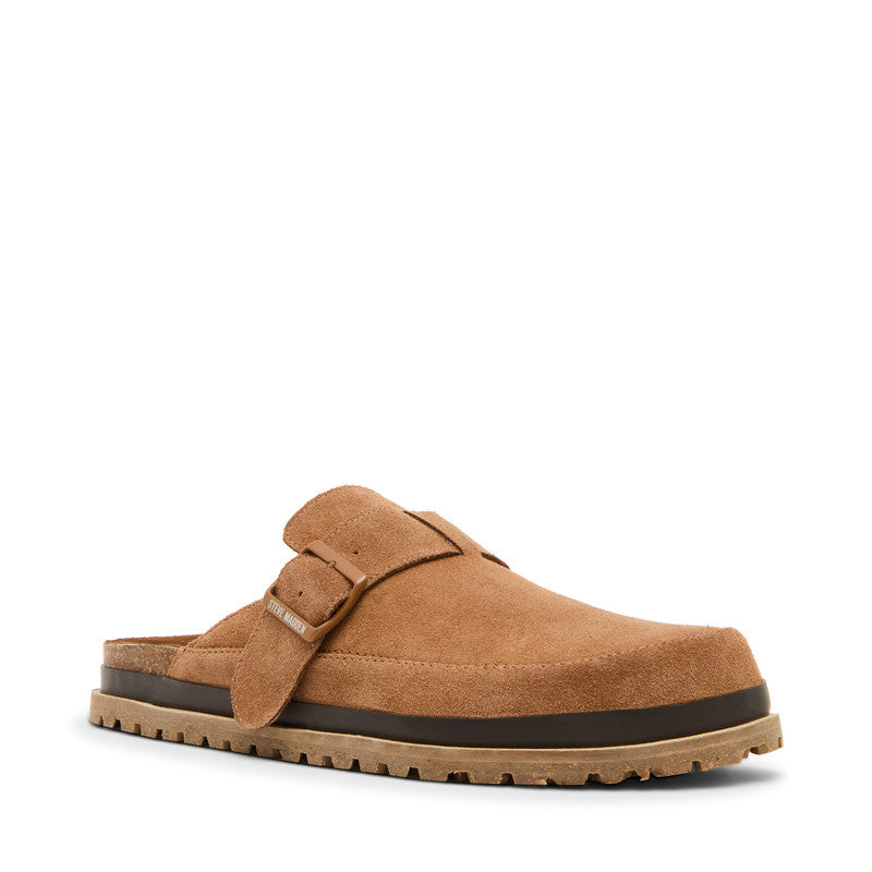 Steve Madden Odrik Men's Tobacco Suede Sandals - front three-quarter view