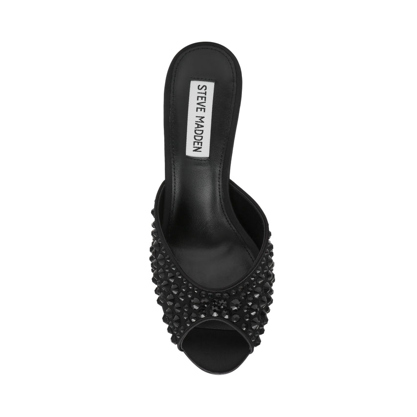 Steve Madden Rollout-R women's black heeled sandals, front view
