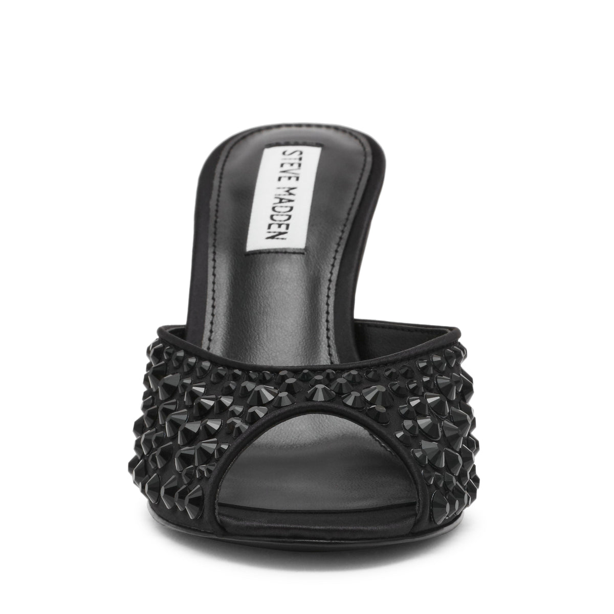 Steve Madden Rollout-R women's black heeled sandals, angled view