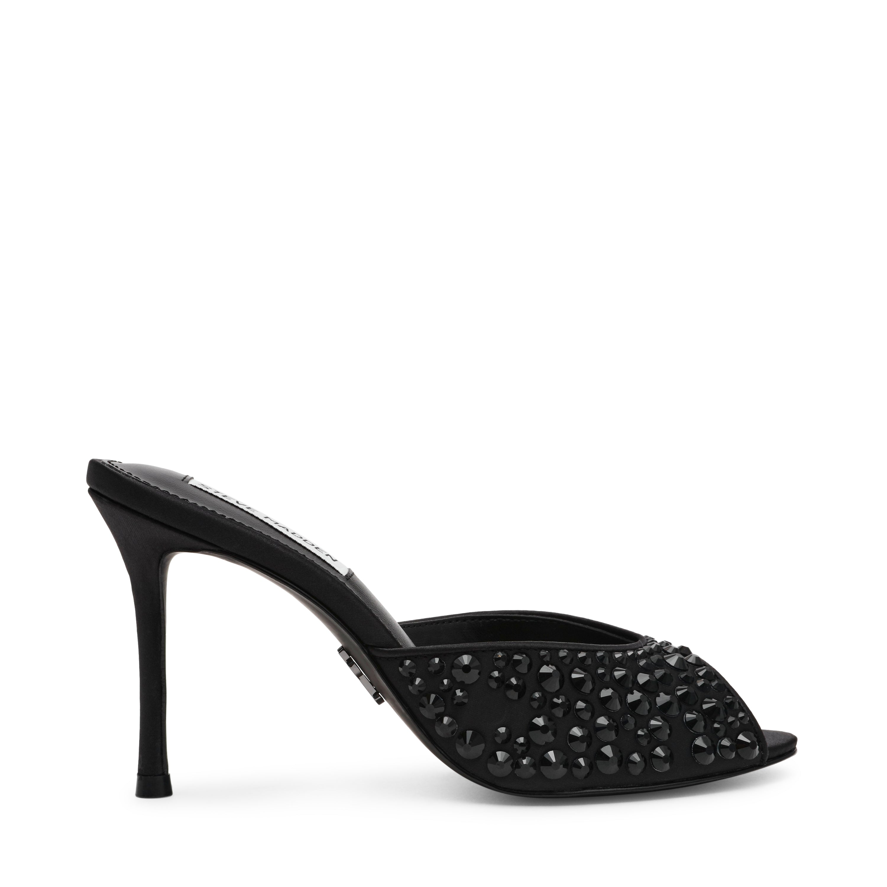 Steve Madden Rollout-R women's black heeled sandals, back view