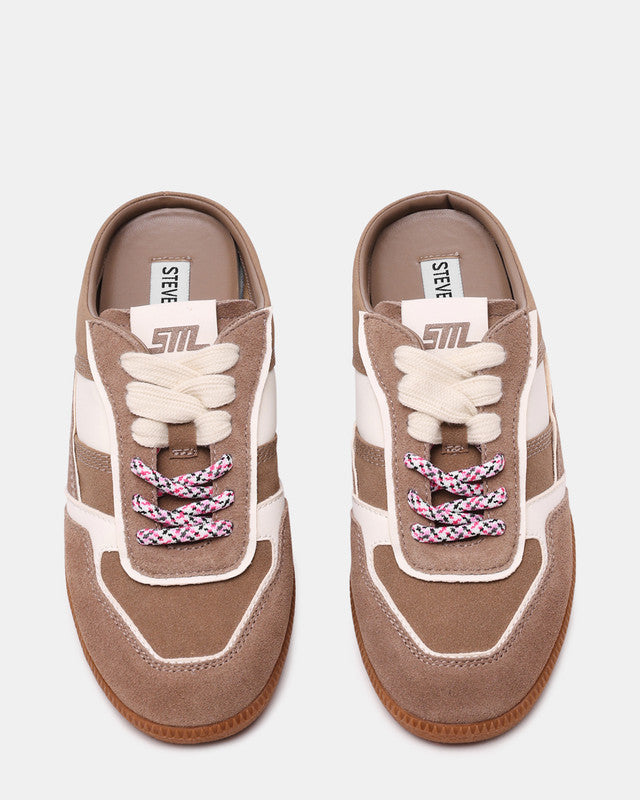 Steve Madden Augustina women's taupe and white suede sneakers, back view