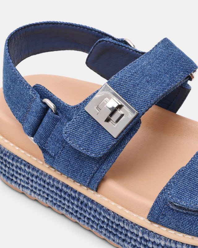 Steve Madden Bigmona women's blue denim flat sandals, back view