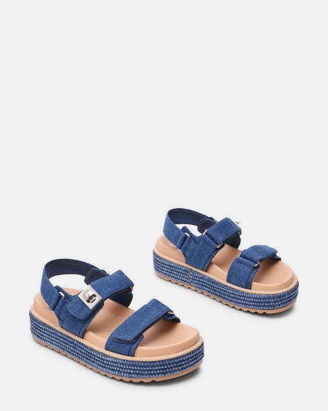 Steve Madden Bigmona women's blue denim flat sandals, sole view