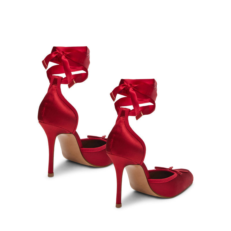 Larina Women's Red Satin Heeled Sandals — rear view