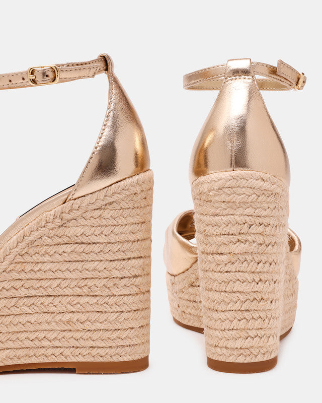 Steve Madden Taliya women's gold leather wedges, back view