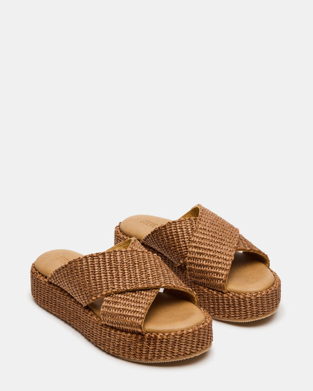 Steve Madden Tulum women's brown raffia flat sandals, side view