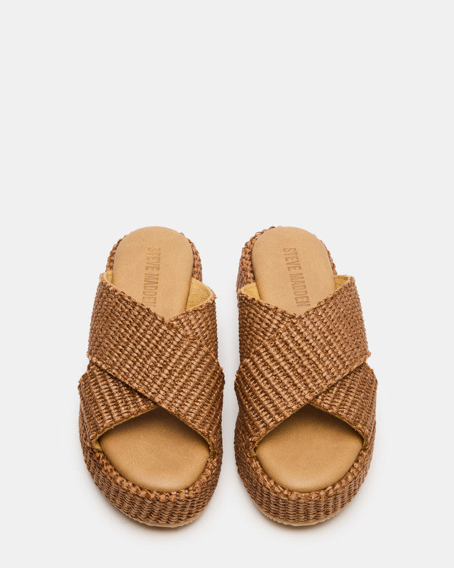 Steve Madden Tulum women's brown raffia flat sandals, back view