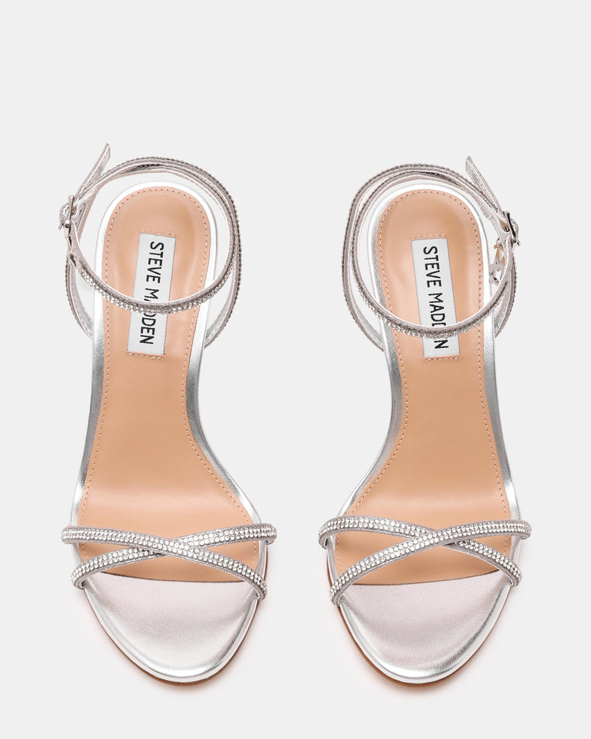 Steve Madden Jypsey-CNR women's silver heeled sandals, back view
